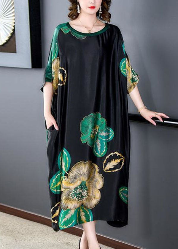 VCSHOES Loose Black O Neck Print Patchwork Silk Dresses Batwing Sleeve