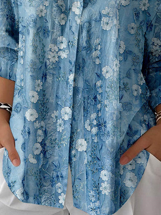 Women 3/4 Sleeve Shirt Collar Floral Printed Graphic Button Tops