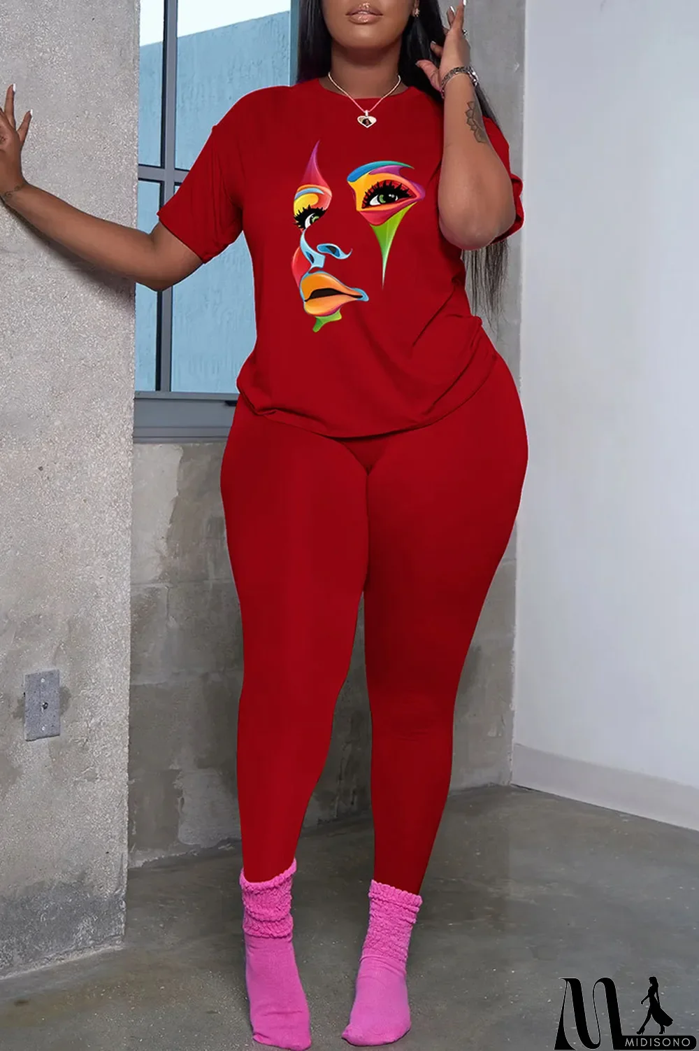 MidiSono - Black Fashion Casual Print Patchwork Basic O Neck Short Sleeve Two Pieces