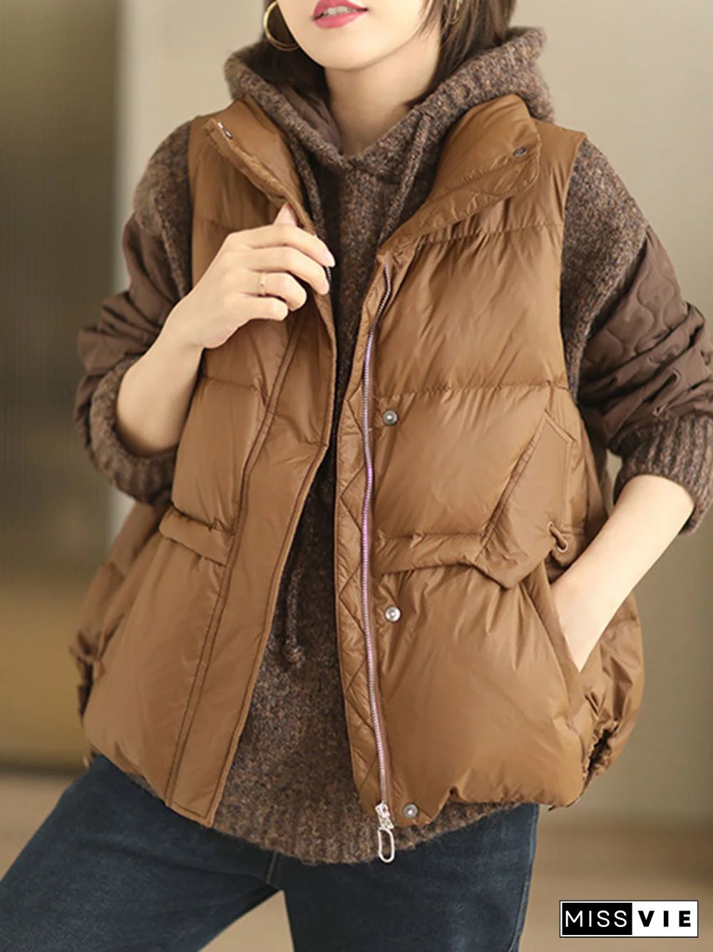 Original Creation Loose Sleeveless Solid Color Zipper High-Neck Vest Outerwear