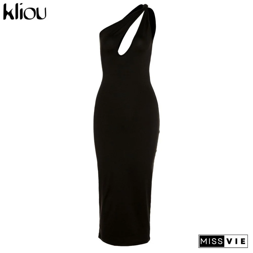 Kliou Cut Out Sexy Midnight Clubwear Maxi Dresses Solid One Shoulder Birthday Outfit For Women Slim Bodycon Party Dress