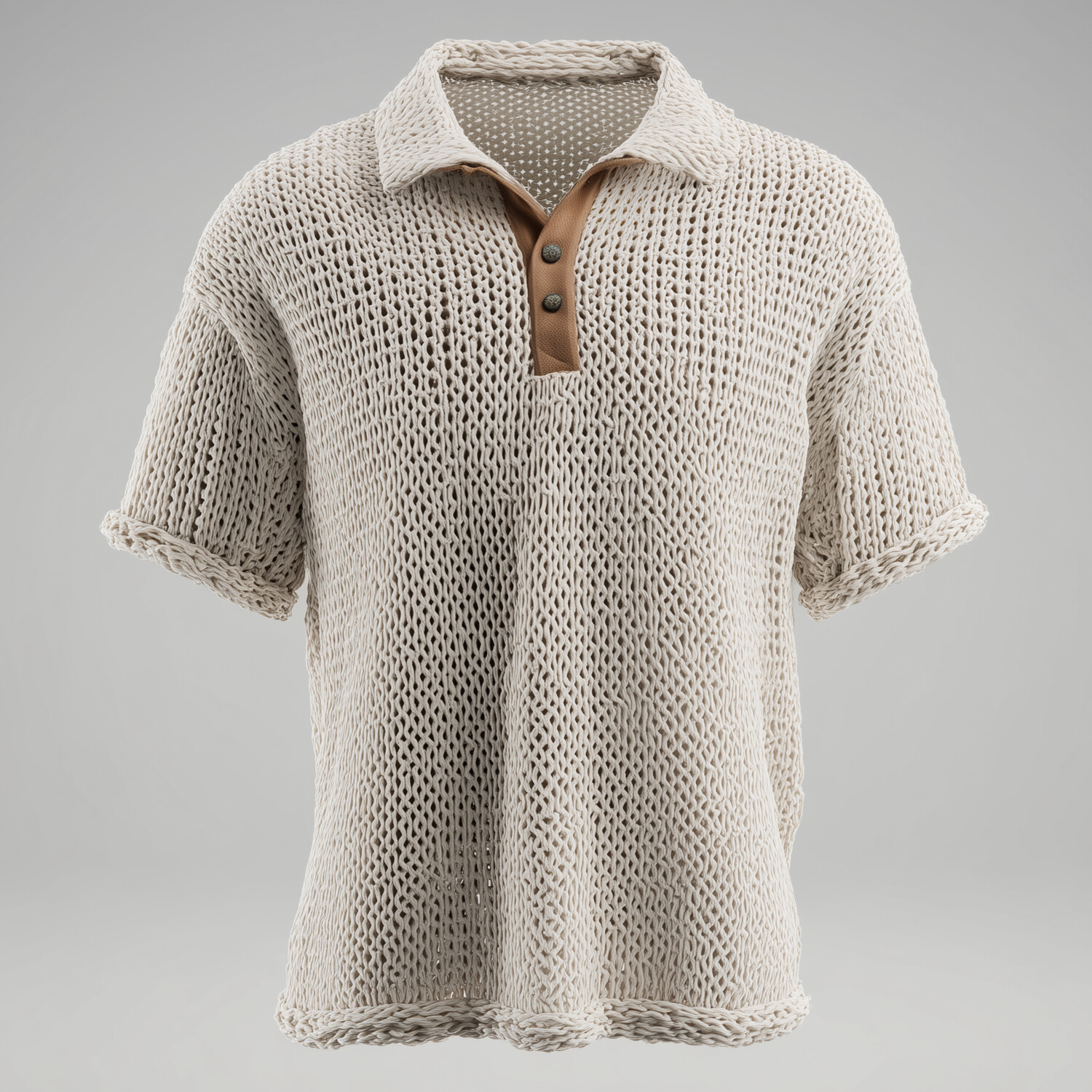 Men's Casual Hollow Knitted Contrast Button Placket Short Sleeve Polo Shirt
