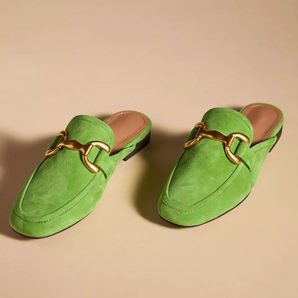 Green Faux Suede Round Toe Formal Slip On Loafers with Chain Nicepairs