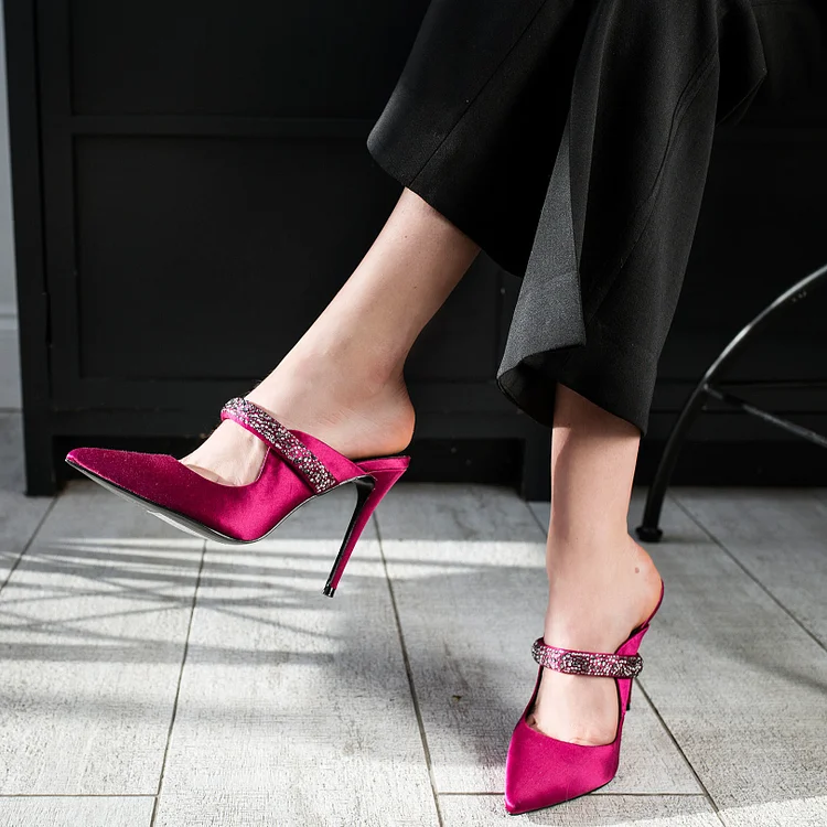 Magenta Satin Rhinestone Pointy Toe Stiletto Heels Mules |FSJ Shoes