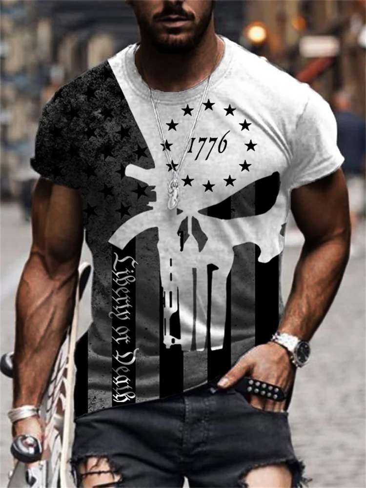 Men's Liberty Or Death 1776 American Flag Skull Contrast T Shirt