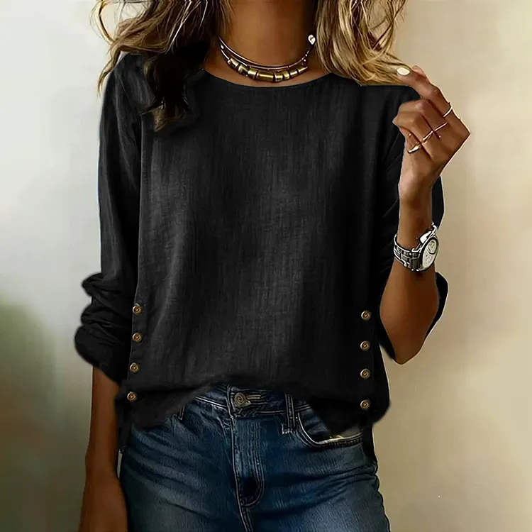 Women's Vintage Button Design Round Neck Linen Long-sleeve Shirt