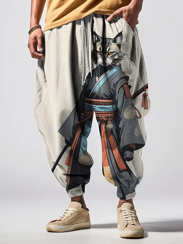 Men's Japanese Samurai Cat Graphic Printed Retro Sweatpants