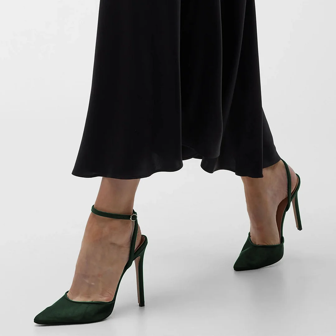 Mesh & Satin Buckle Fastening Ankle Strap Elegant Pumps in Dark Green