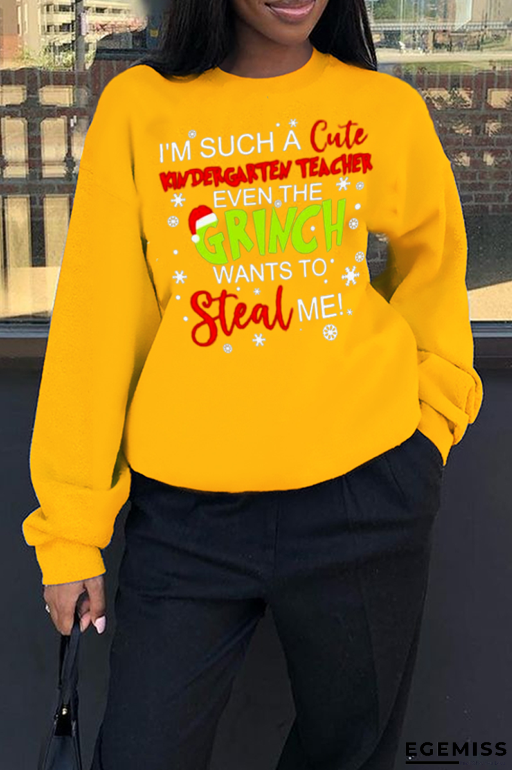 Yellow Vintage Santa Hats Printed Letter O Neck Tops | EGEMISS