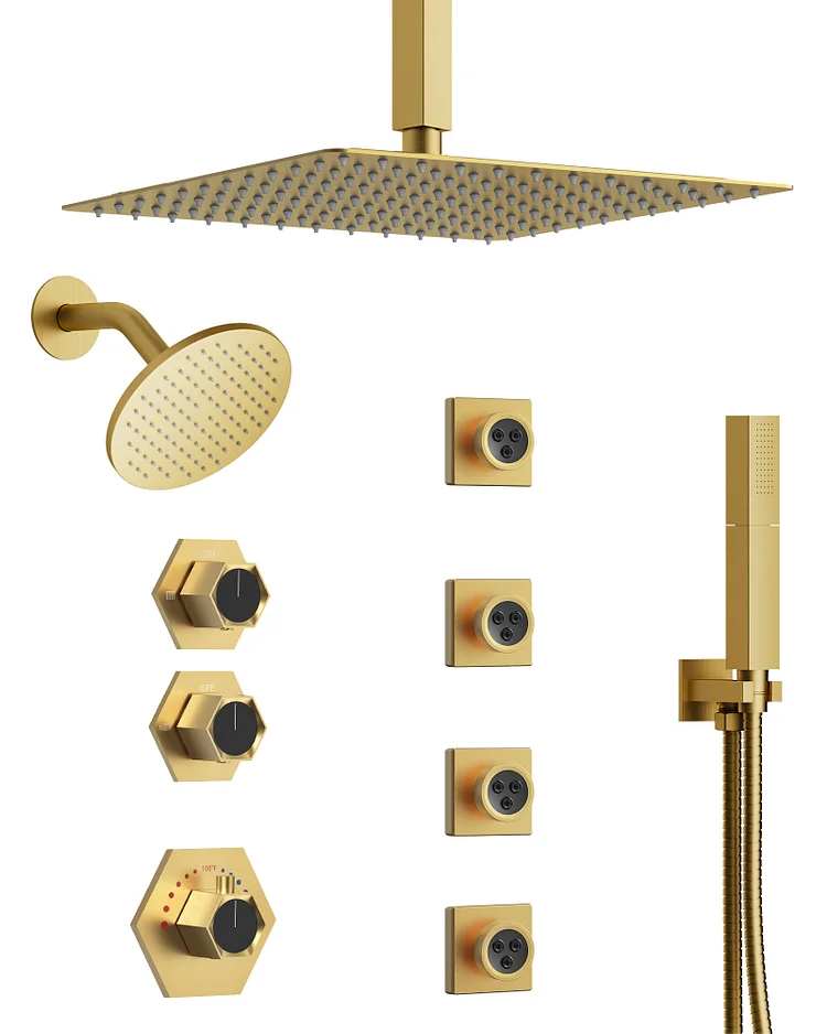 EVERSTEIN SFS-1039-GD12 12" Dual Rainfall Shower Faucet with 8-Spray Patterns, Ceiling Mounted and Rough-in Valve
