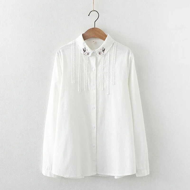 2021 New Fine Women's Tops Flowers Embroidery Shirts Woman Long Sleeve Blouse White Green Lady Loose Cotton Shirts Clothes