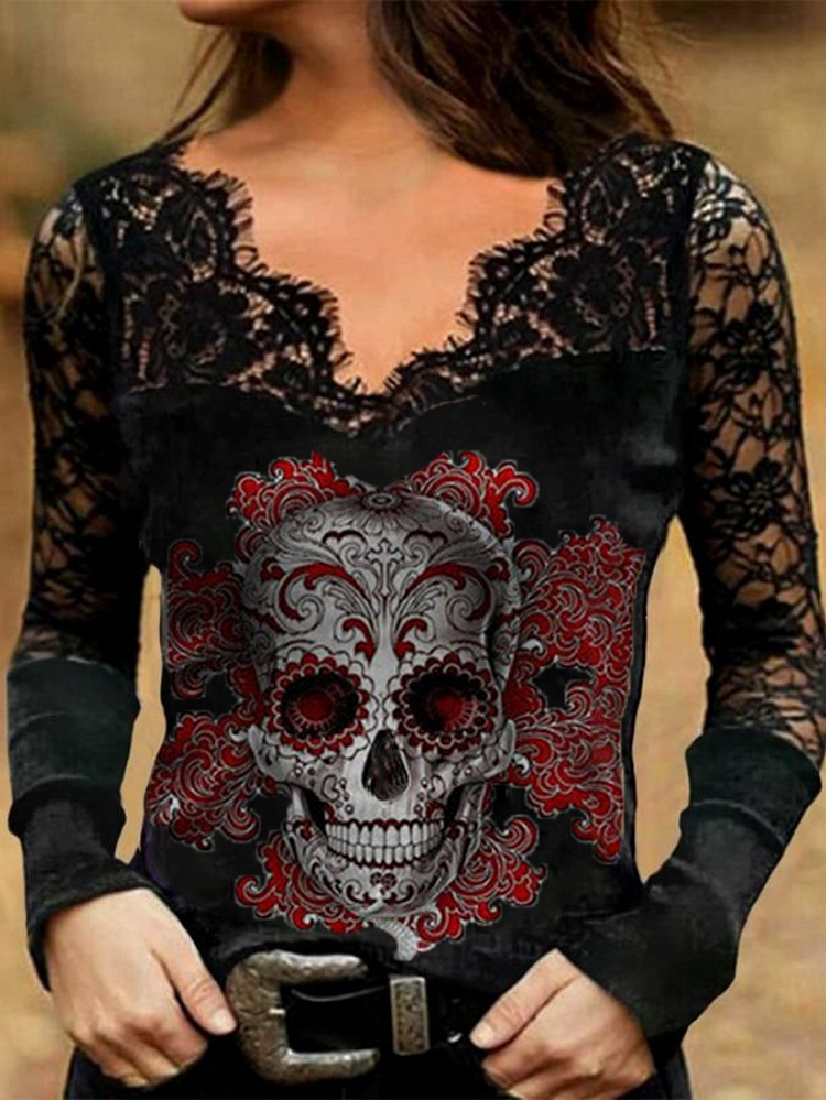 Lace stitching skull flower print lace long-sleeved T-shirt