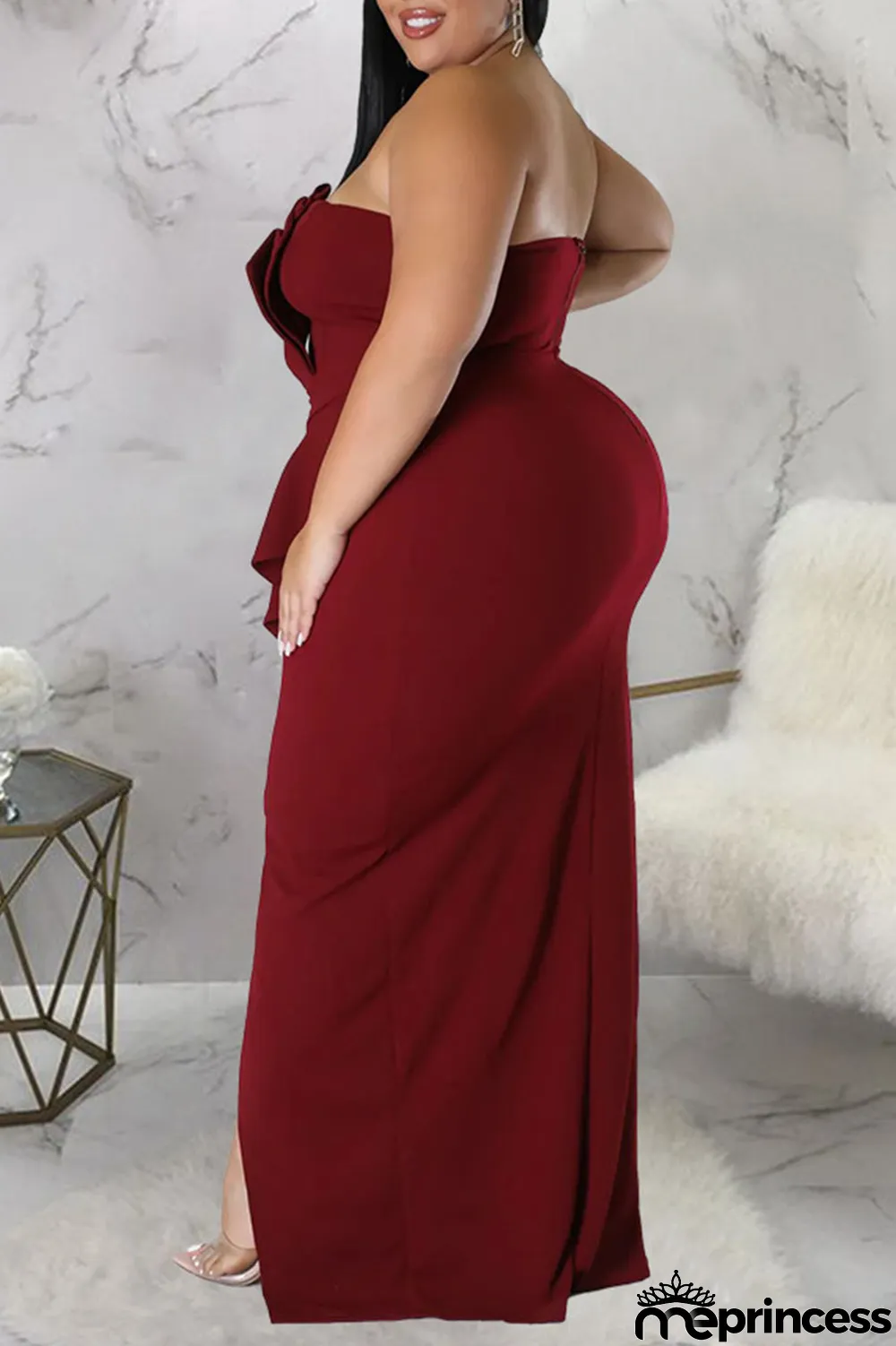 Black Sexy Solid Patchwork Flounce Slit Asymmetrical Strapless Evening Dress Plus Size Dresses