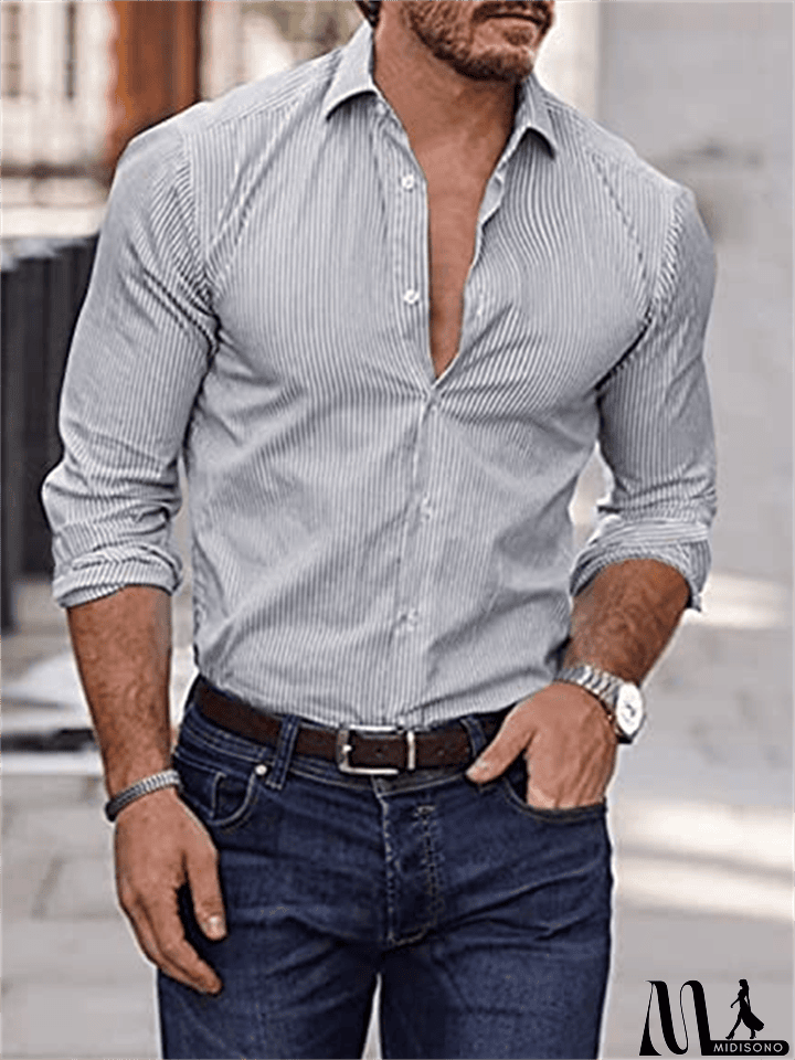 MidiSono - Men's Fashionable Thin Stripe Casual Lapel Formal Shirts