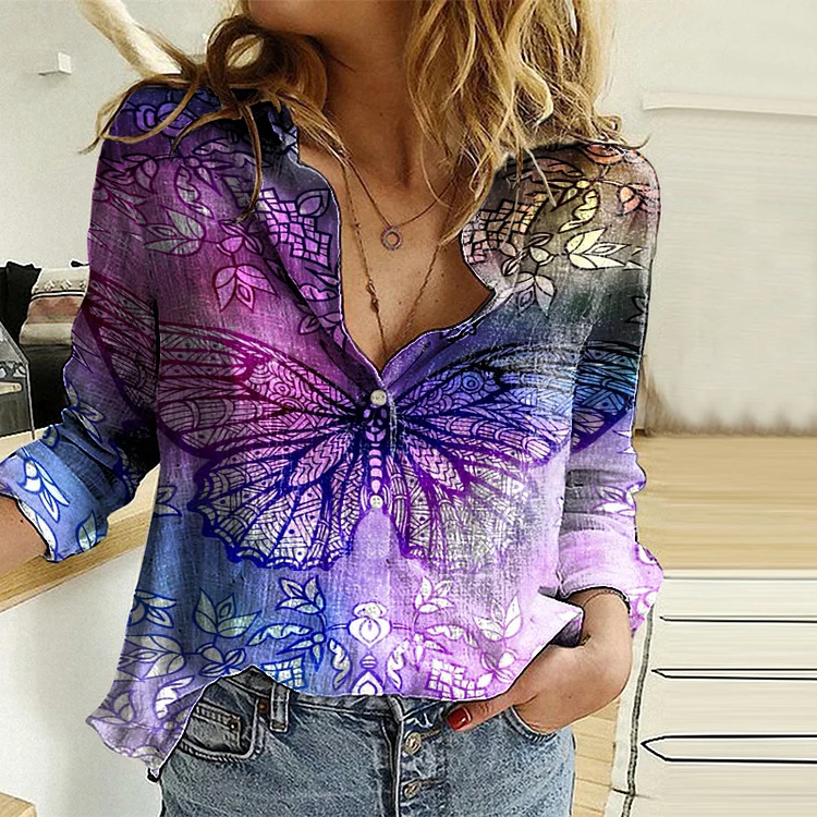 Butterfly Floral Print Long Sleeve Shirt