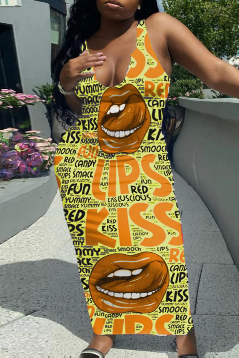 Yellow Fashion Sexy Plus Size Letter Lips Printed Basic U Neck Vest Dress