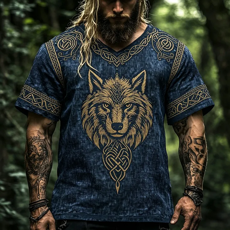 Men's Vintage Viking Wolf Print V-neck Linen Blend T-shirt