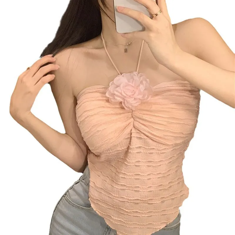 Uveng Uveng Pure Desire Sling Vest Summer Design Beautiful Back Short Irregular Flowers Pink Back Sweet Spicy Top