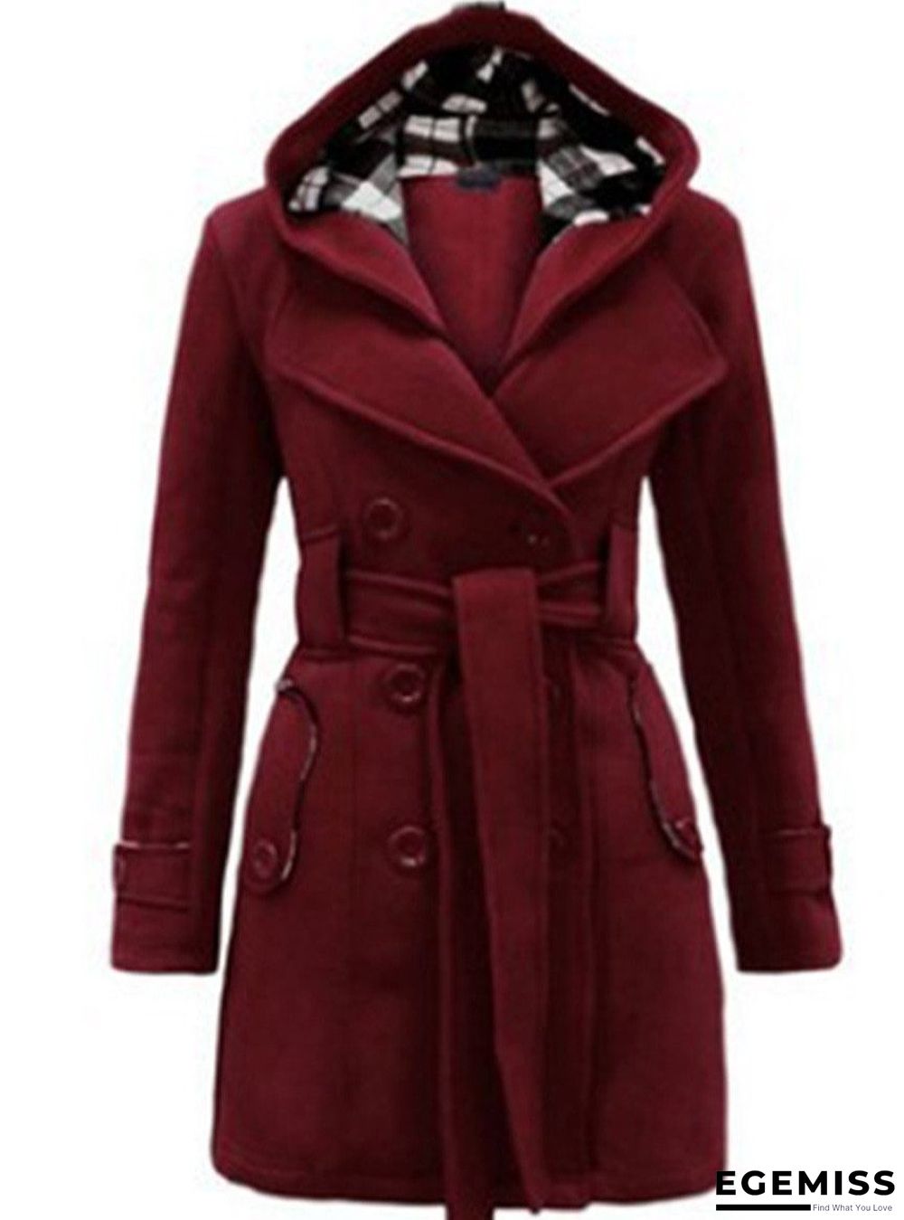 Checked Hooded Woolen Coat With Long Belt | EGEMISS