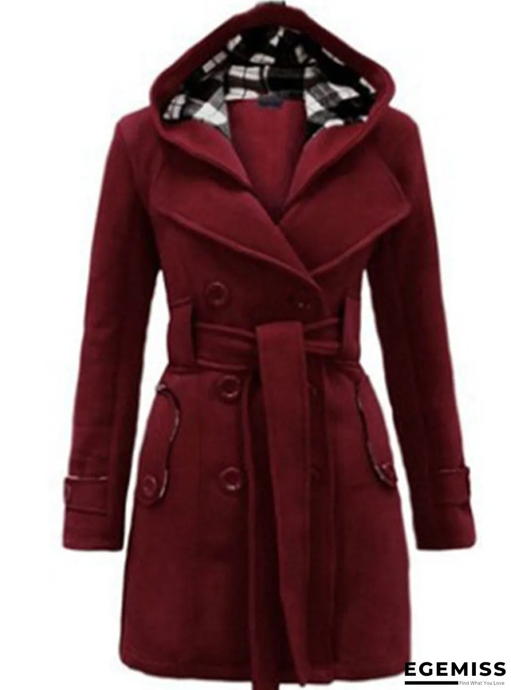 Checked Hooded Woolen Coat With Long Belt | EGEMISS