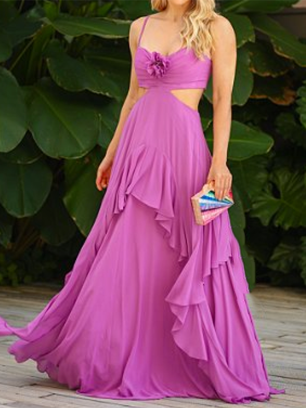 Applique Hollow Solid Color Tiered Sleeveless Spaghetti-Neck Maxi Dresses