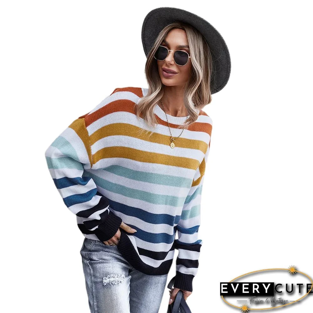 Orange Multicolor Stripes Loose Style Sweater