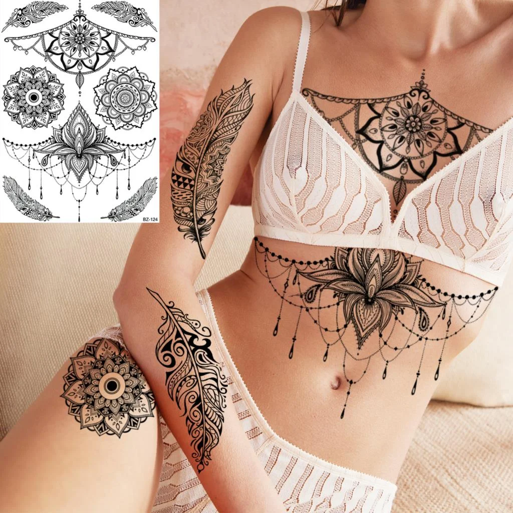 Black Rose Flower Sexy Temporary Tattoos For Women Adult Thigh Peony Skull Realistic Fake Tattoo Sexy Washable Tatoos Sticker
