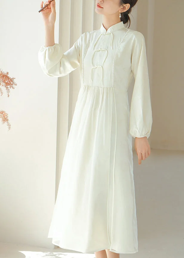 Elegant White Chinese Button Silm Fit Silk Dress Fall