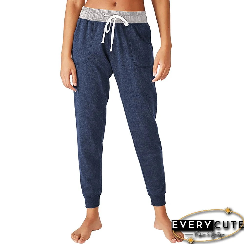 Navy Blue Colorblock Drawstring Casual Pants