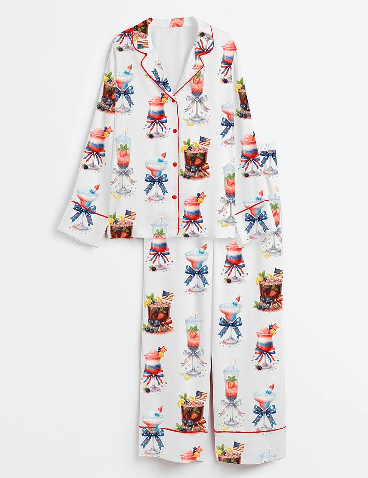 Women&rsquo;s 4th Of July Champagne Cocktail Patriotic Sparkler Cocktail Long Sleeve Satin Pajama Set