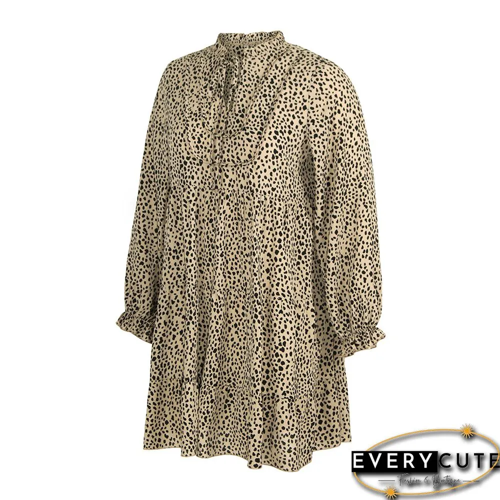 Khaki Spots Print Lace-up Long Sleeve Dress