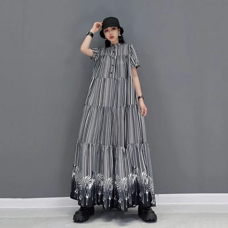 Fashion Loose Stand Collar Stripe Print Splicing Short Sleeve Dress  
