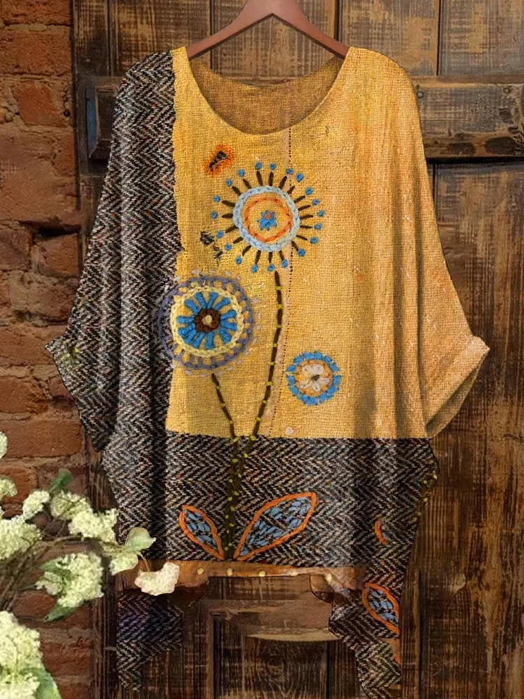Women's Psychedelic Collage Sunflower Retro Hippie Art Pattern Print Short Sleeve Top