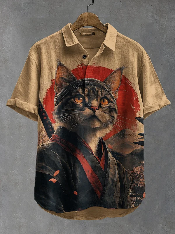 Men's Warrior Cat Vintage Japanese Art Print Casual Shirt
