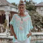 Women's Vintage Bohemian Floral Embroidered Casual Crew Neck T-shirt - Image 2