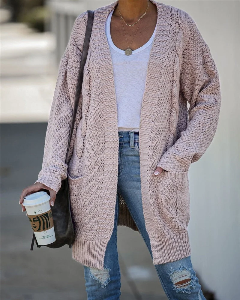 Fitshinling Pockets Twist Women's Cardigans Knitted Winter Coat Vintage Slim Holiday Boho Slim Long Cardigan Female Knitwear New