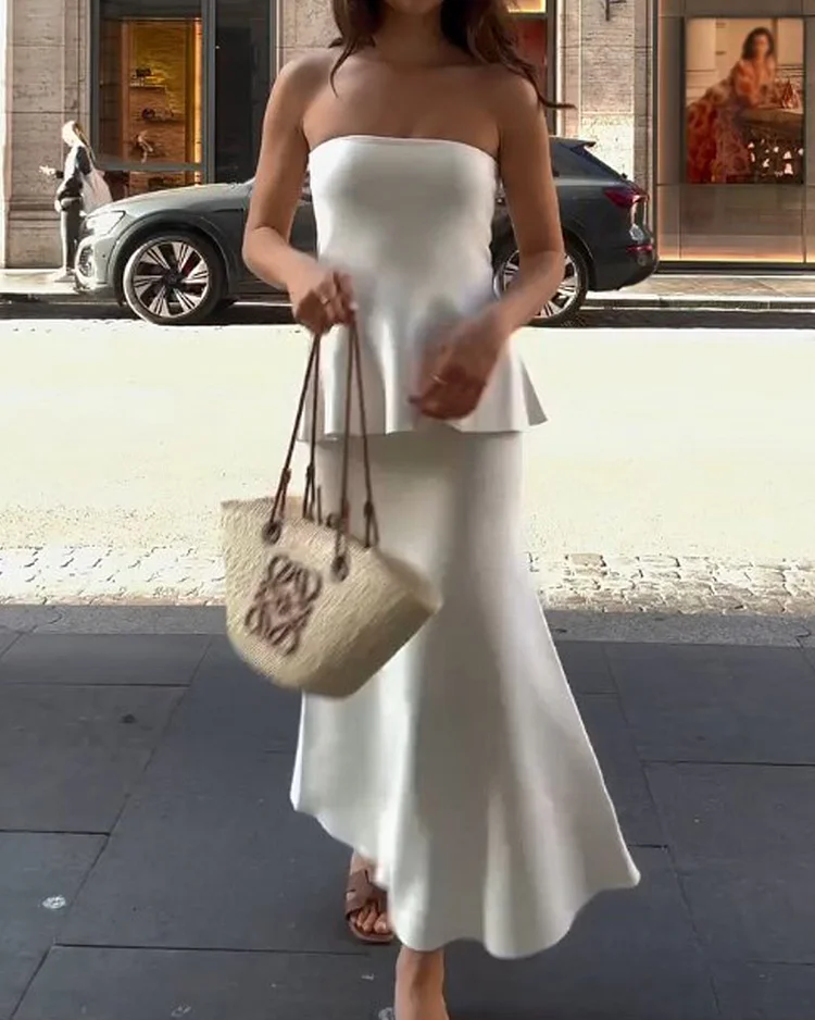 Sleeveless tube top solid color two piece suit