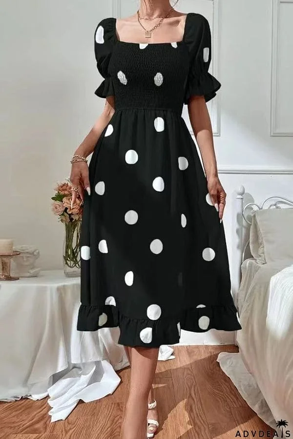 Big polka dot slim-fit sweet ruffled short-sleeved dress