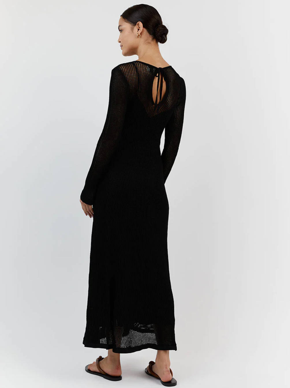 Ootddress White Crochet Hollow Out Midi Dress For Women Long Sleeve Casual Dress Beach Holiday See-Through Summer Dress Cover-Up