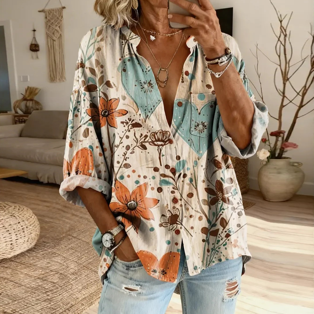 Women's Retro Heart Floral Art Print Casual Cotton Linen Shirt elevenforest