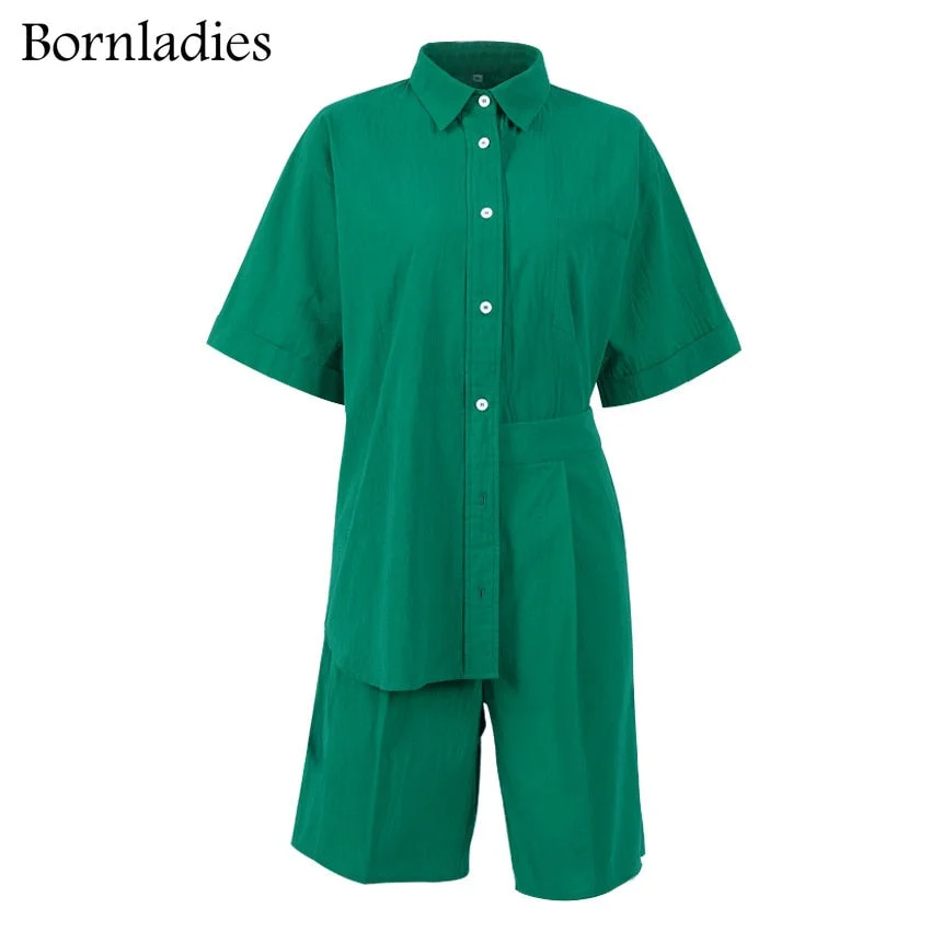 Bornladies Women Green Cotton Suit Half Sleeve Casual Shirt With Shorts Sets High Waist Cargo Short Trousers Female 2 Piece Set