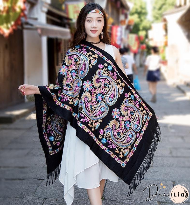 Tibetan and Nepal embroidered flower imitation cashmere scarf for women outside with sunscreen air-conditioning shawl