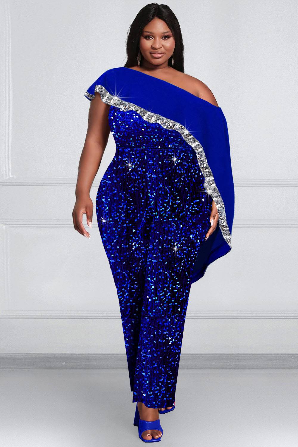 Design Plus Size Wedding Guest Jumpsuits Elegant Royal Blue Spring Summer Oblique Collar Petal Sleeve Contrast Sequin Jumpsuits [Pre-Order]