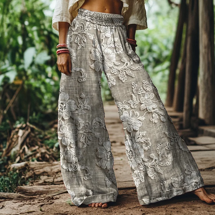 Vintage Floral Embroidery Print Loose Wide-leg Pants