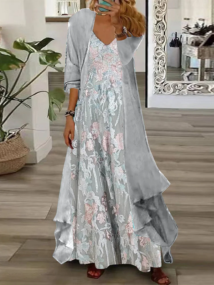 Women's Long Sleeve V-neck Floral Printed Two Pieces Maxi Dress