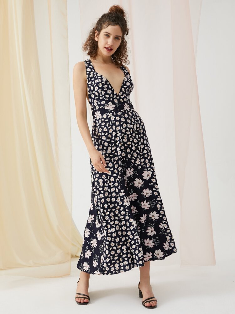 Floral Patch Print Deep V-neck Criss-Cross Open Back Slit Dress