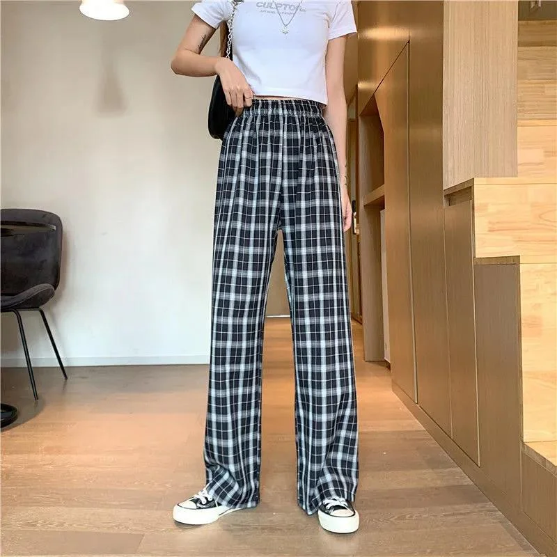 High waist slim fit wide leg pants draped elastic waist plaid trousers wild plaid summer Korean womens 2021 new casual pants