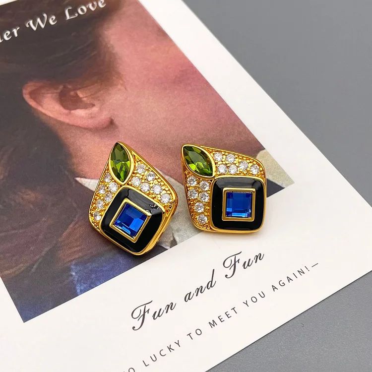 Vintage sapphire diamond set zirconium enamel earrings