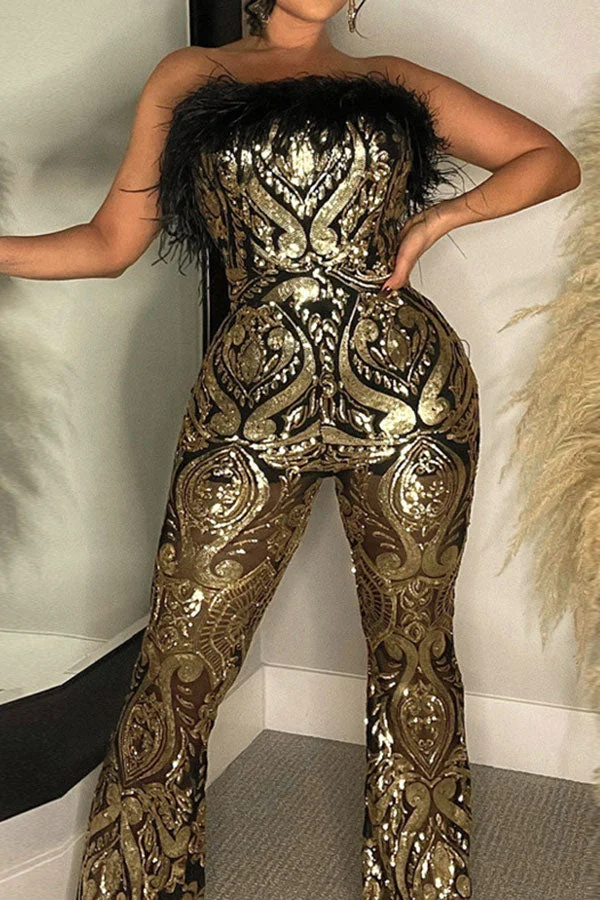Tribal Pattern Sequined Luxe Feather Trim Jumpsuit