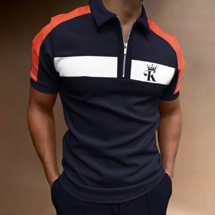 Navy&Orange Short Sleeve Zipper Casual Men's Polo Shirts at Hiphopee